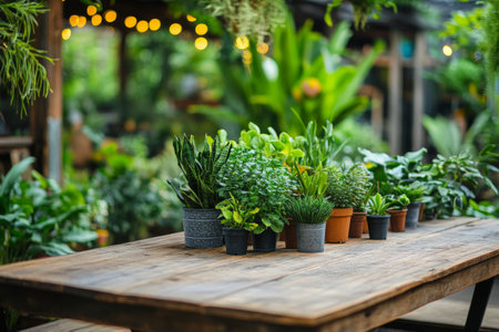 Lush green plants in various small pots sit on a wooden shelf, showing different textures and shades in a tranquil indoor garden environment.の素材