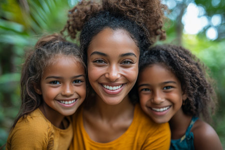 Three girls of varying ages share smiles and laughter in a lush outdoor environment, with trees and greenery surrounding them. The warmth of their friendship is evident.の素材