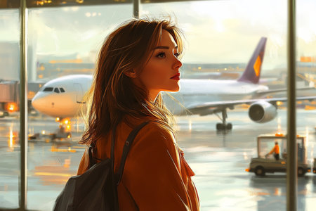 A young traveler stands at the airport, gazing out at the runway while planes depart. The atmosphere is vibrant, filled with anticipation of new adventures ahead.の素材