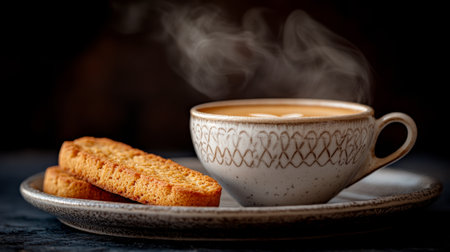 A steaming cup of coffee sits next to a freshly baked cookie on a wooden tray, illuminated by soft sunlight filtering through a window.の素材