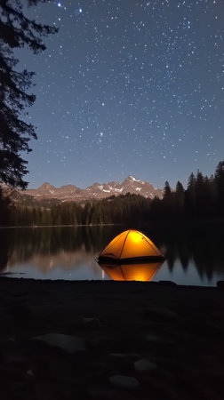 A glowing orange tent sits on the edge of a tranquil mountain lake, surrounded by tall trees and illuminated by a star-filled night sky and distant mountain peaks.の素材