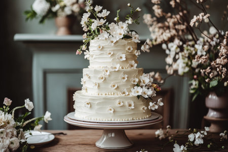 A beautifully designed two-tier wedding cake features smooth white icing and is decorated with fresh white flowers. It is showcased in a cozy floral shop filled with greenery.の素材