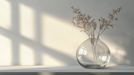 A clear glass vase holds delicate dried flowers, positioned on a simple table. Soft sunlight casts gentle shadows on the wall, creating a serene atmosphere.の素材