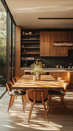 Bright dining space features a large wooden table surrounded by sleek chairs, natural decor, and beautiful outdoor views visible through expansive windows.の素材