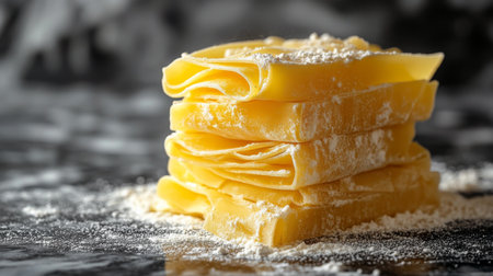 Tall stack of freshly made tortillas rests on a marble countertop, surrounded by flour and kitchen utensils in a warm and inviting kitchen atmosphere.の素材