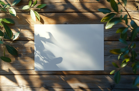 A blank card rests on a weathered wooden table, framed by lush green leaves casting gentle shadows in the soft morning light. Ideal for creative projects or invitations.の素材