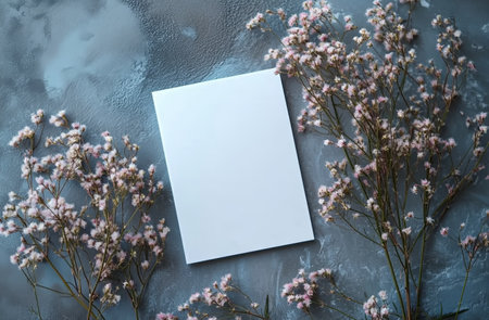 A blank card is placed on a textured blue surface, framed by soft pink flowers, creating a serene and inviting atmosphere perfect for personal notes.の素材