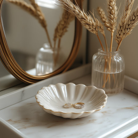 A decorative plate holds two rings beside a glass jar of dried flowers. The scene is set on a marble surface, reflecting a round golden mirror. Natural light illuminates the arrangement.の素材