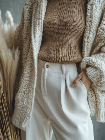 A person showcases a warm, textured sweater paired with elegant white trousers, surrounded by soft, dried plants against a neutral backdrop.の素材