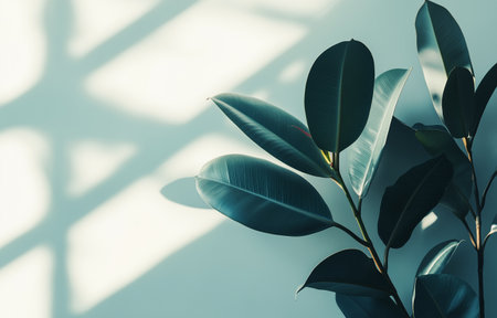 A vibrant green plant with glossy leaves displays a striking silhouette against a softly lit wall, creating a serene and calming atmosphere in the room.の素材