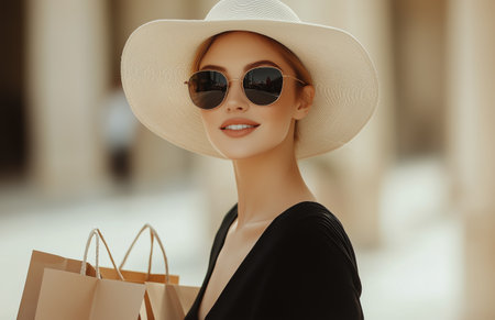 A fashionable woman stands confidently outdoors, wearing a wide-brimmed hat and sunglasses. She holds shopping bags, smiling against a sunny backdrop.の素材