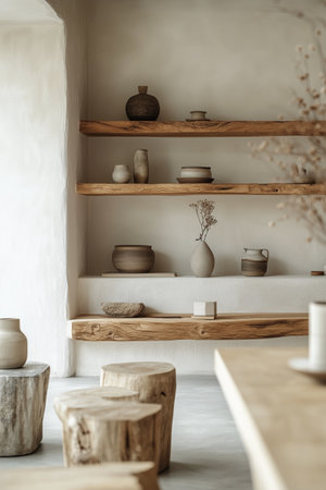 Natural light fills a minimalistic room showing various pottery pieces on wooden shelves. Rustic stools and a wooden table enhance the serene atmosphere of the space.の素材