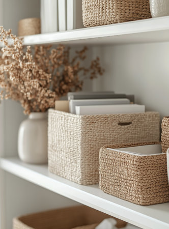 Woven baskets and a vase of dried flowers placed neatly on white shelves create a stylish and organized look in a modern room filled with natural light.の素材