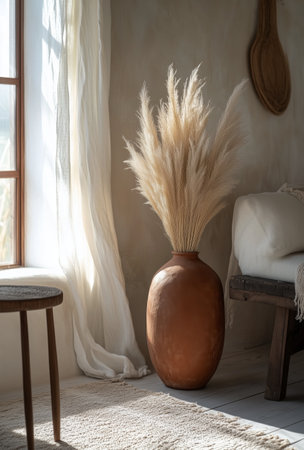 A clay vase filled with dried grasses stands gracefully beside a window. Soft light filters in, illuminating the natural textures of the room, creating a warm and inviting atmosphere.の素材