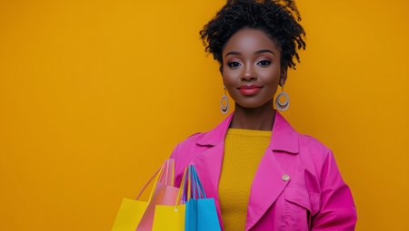A fashionable woman stands confidently with colorful shopping bags in hand against a vibrant yellow backdrop. Her stylish outfit complements her chic accessories.の素材