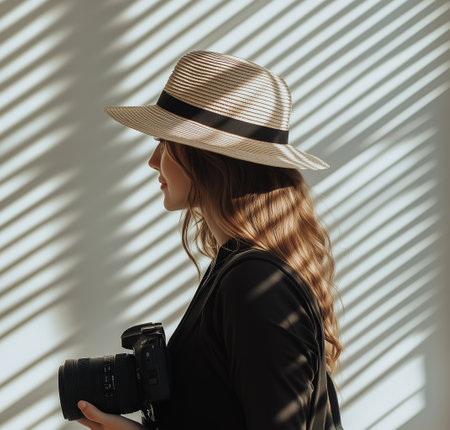 A woman wearing a straw hat holds a camera while standing in a room filled with diagonal light patterns. Her relaxed posture suggests a creative moment captured in warmth.の素材