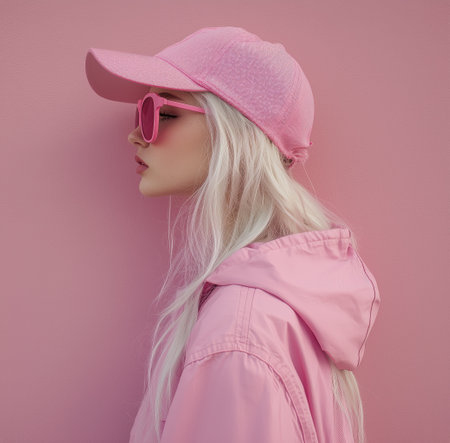 A stylish young woman stands sideways, adorned in a pink cap and oversized sunglasses, creating a trendy look against a vibrant pink backdrop.の素材