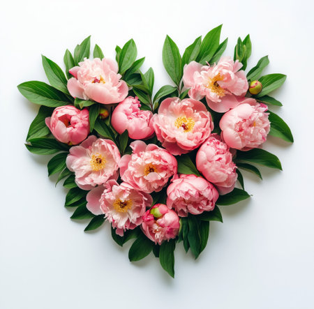 A heart-shaped composition made of vibrant pink peonies surrounded by fresh green leaves rests on a white surface, creating a cheerful and romantic display perfect for celebrations.の素材