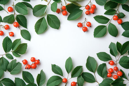 Red berries cluster among lush green leaves, forming a decorative pattern on a clean white background. The vivid colors contrast beautifully, showing nature's abundance.の素材