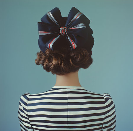 A woman with a classic vintage hairstyle showcases curls and a large decorative bow, wearing a striped dress while posing against a soft blue backdrop.の素材