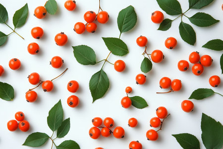 A vibrant collection of orange berries and green leaves is artistically spread across a white surface, creating a fresh and appealing natural display suitable for various uses.の素材