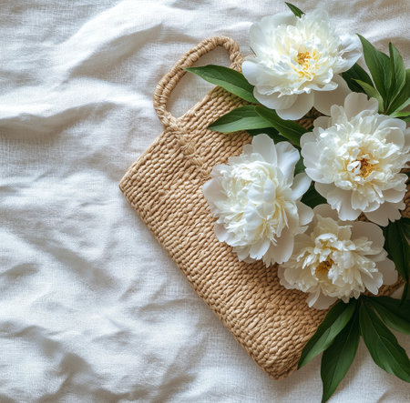 Soft white peonies rest elegantly beside a woven storage basket on light textured fabric, creating a serene and inviting atmosphere perfect for home decor.の素材