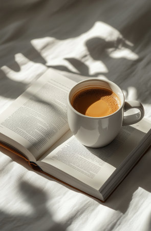A white mug filled with coffee rests on an open book on a soft bed. Morning light gently illuminates the scene, creating a tranquil atmosphere perfect for relaxation.の素材