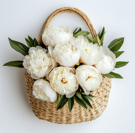 A woven basket filled with fresh white peonies and vibrant green leaves is positioned against a light background, showing the elegance and beauty of the flowers.の素材