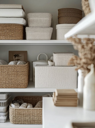 Neatly arranged shelving displays various woven baskets and storage boxes in light neutral tones, creating a calm and organized atmosphere in a bright indoor space.の素材