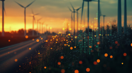 Rows of wind turbines tower along a quiet road as the sun sets, casting warm golden light and creating a serene atmosphere filled with shimmering reflections and soft evening colors.の素材