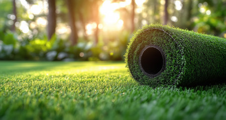 A roll of vibrant artificial grass lies on the ground in a lush garden. Sunlight filters through the trees, creating a serene and inviting atmosphere for outdoor activities.の素材