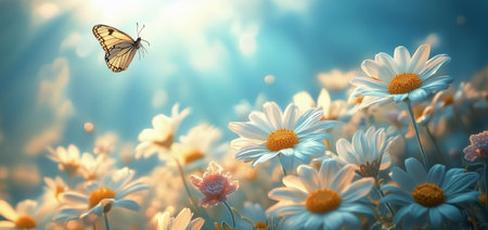A beautiful butterfly flutters above a field of vibrant daisies, basking in soft sunlight, creating a tranquil atmosphere in a picturesque garden setting.の素材