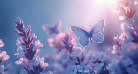 Butterflies gracefully dance around vibrant purple flowers in a tranquil garden, illuminated by soft sunlight. This enchanting moment captures the beauty of nature in spring.の素材