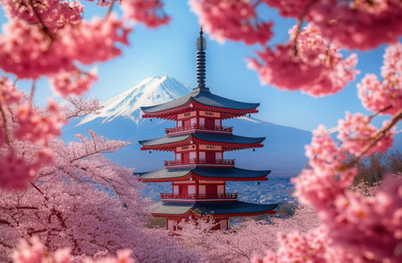 Vibrant cherry blossom trees surround a traditional pagoda while Mount Fuji stands majestically in the background on a clear spring day.の素材