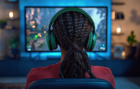 A person with braided hair enjoys gaming on a large screen, wearing green headphones. The room features soft lighting, creating a relaxed atmosphere for gaming at night.の素材