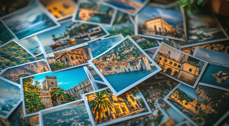 Overlapping travel photos capture breathtaking landscapes, historic buildings, and lively city scenes from around the globe, sparkling memories of adventure.の素材