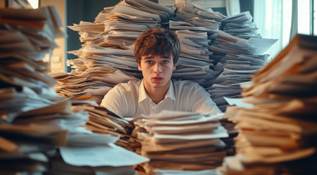 A student looks stressed while sitting amidst a chaotic pile of papers in a cluttered study room, filled with documents and study materials during late afternoon hours.の素材