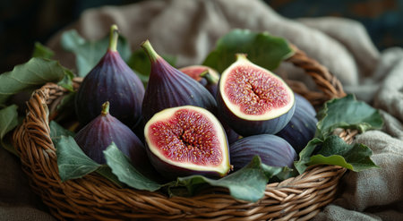A woven basket holds ripe figs, some whole and some cut in half, revealing their pink interior. Green leaves surround the fruit against a soft fabric background.の素材