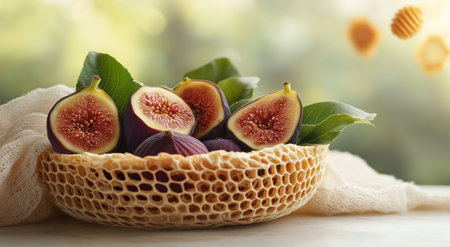 Freshly harvested figs are displayed in a woven basket, some sliced open to reveal their juicy, sweet insides. Soft light illuminates the scene, enhancing the natural colors.の素材