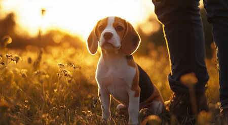 A beagle dog sits calmly next to its owner in a field filled with flowers as the sun sets, casting a warm golden light over the scene and creating a peaceful atmosphere.の素材