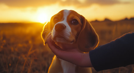 A beagle is being gently petted by its owner as the sun sets in a golden sky. The tranquil moment showcases a bond between the pet and its human in a natural setting.の素材