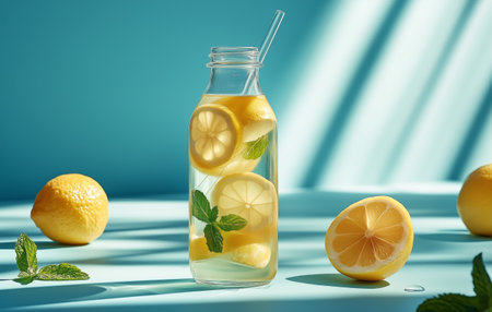 A clear bottle filled with lemon slices and fresh mint leaves sits on a blue surface. Whole lemons surround the bottle under soft light, creating a vibrant and fresh atmosphere.の素材