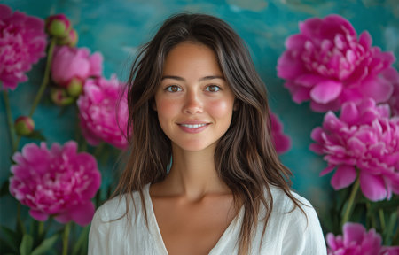 A young woman poses with a bright smile against a backdrop of large pink peonies. The colorful flowers create a cheerful and inviting atmosphere.の素材