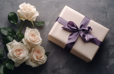 A beautifully wrapped box with a purple ribbon sits beside fresh white roses on a soft, textured gray surface. The arrangement creates a serene and elegant atmosphere.の素材