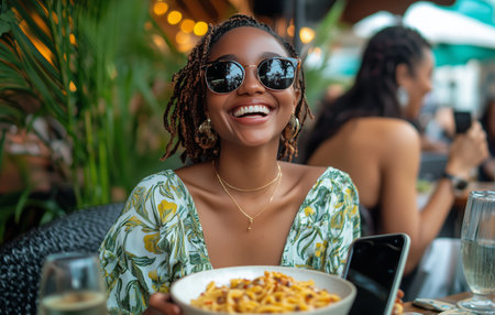 A woman with braided hair, wearing sunglasses, is joyfully holding a pasta bowl at a vibrant outdoor restaurant surrounded by greenery and friends.の素材