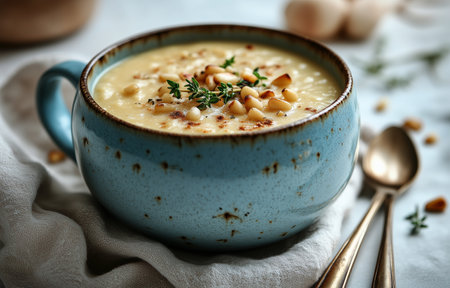 A rustic bowl filled with creamy soup is topped with pine nuts and fresh herbs, resting on a textured cloth. Soft lighting highlights the inviting dish in a cozy setting.の素材