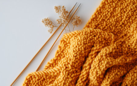 A yellow knitted blanket is folded beside wooden knitting needles and dried flowers on a bright surface, suggesting a warm crafting atmosphere perfect for relaxation and creativity.の素材