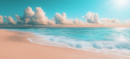 Soft waves lap against a sandy beach under a vivid blue sky filled with fluffy clouds. The peaceful atmosphere invites relaxation and escape from daily life.の素材