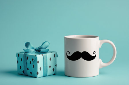 A decorative cup featuring a playful mustache design is placed beside a beautifully wrapped gift with a blue ribbon. The setting has a light blue background, creating a cheerful vibe.の素材