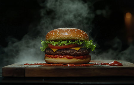 A delicious burger features a perfectly grilled patty topped with melted cheese and crisp lettuce. Ketchup drips down the sesame seed bun, creating an appetizing look.の素材